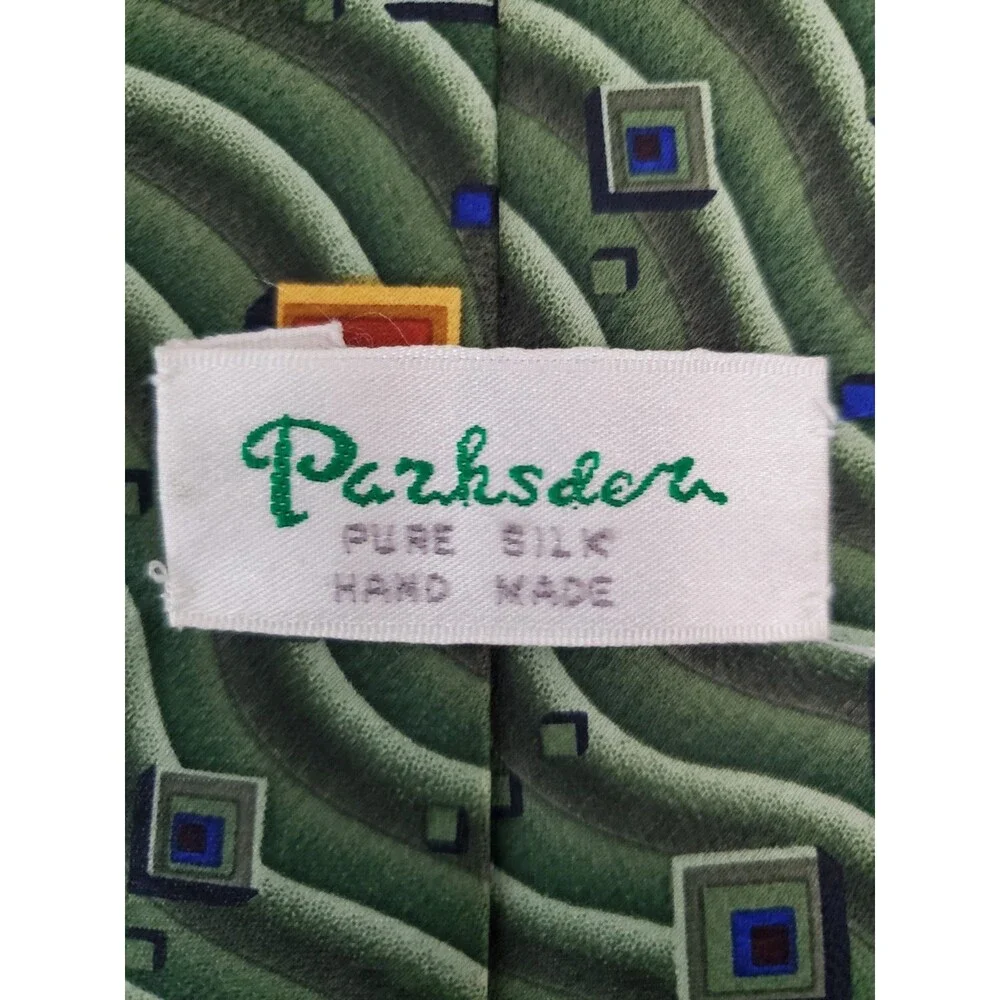 Parksdera Pure Silk Hand Made Men's Tie Green Orange Waves Square